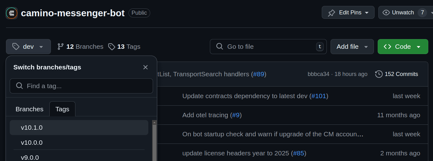 This image displays the Camino Messenger bot repo tags